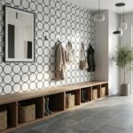 Bright, textured wall with black and white geometric circle pattern, adding a contemporary touch to the entryway.