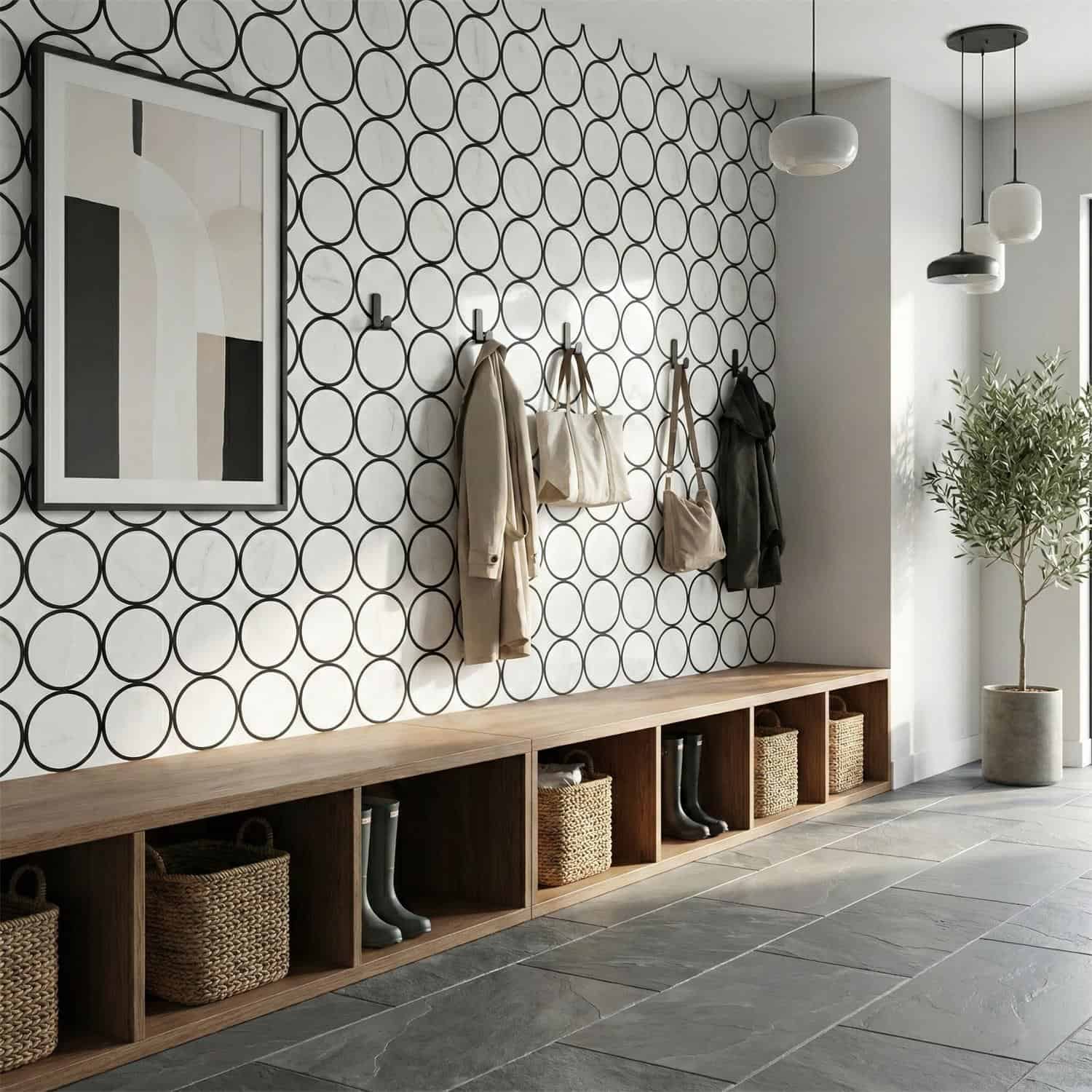 Bright, textured wall with black and white geometric circle pattern, adding a contemporary touch to the entryway.