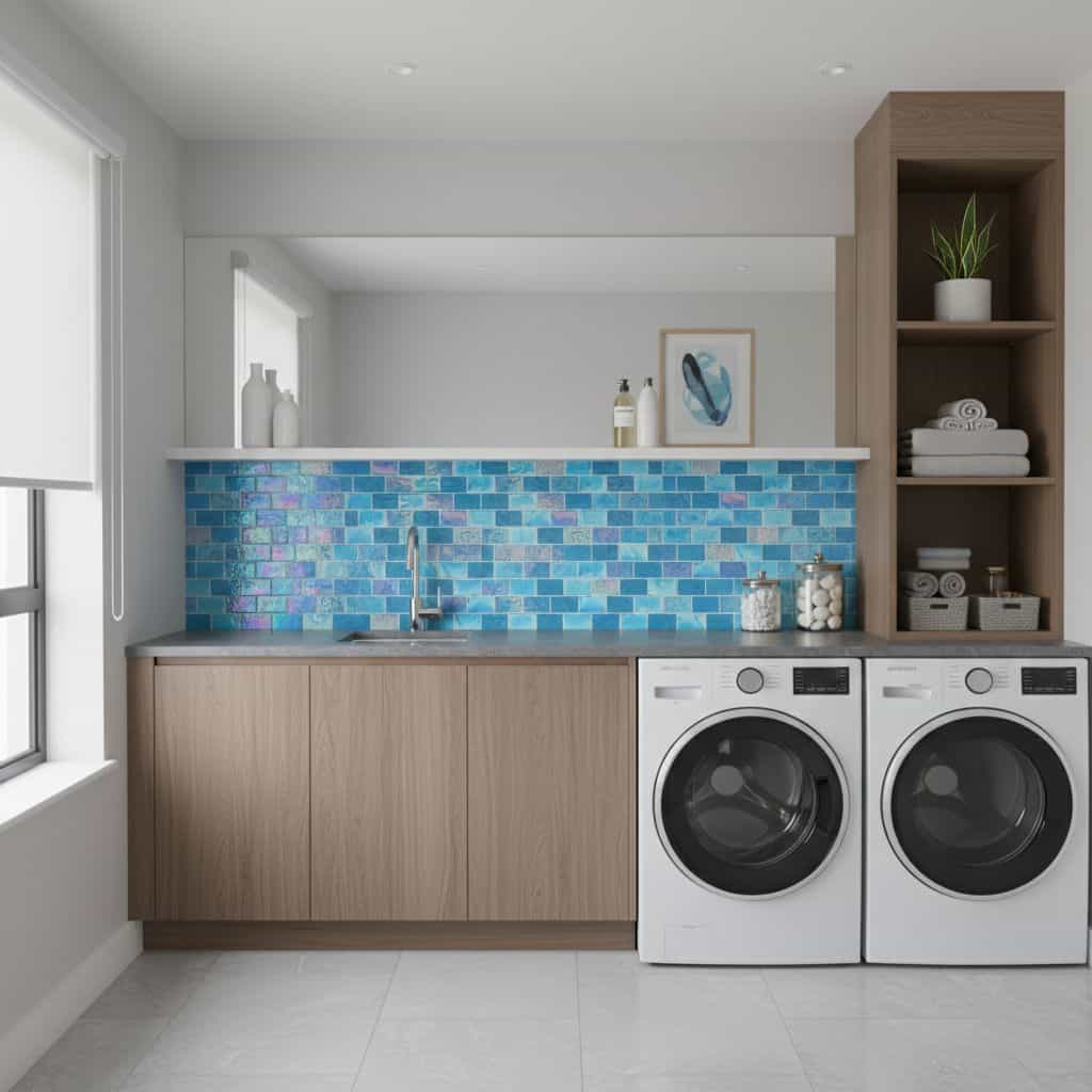 Glass tile backsplash behind laundry appliances and sink.