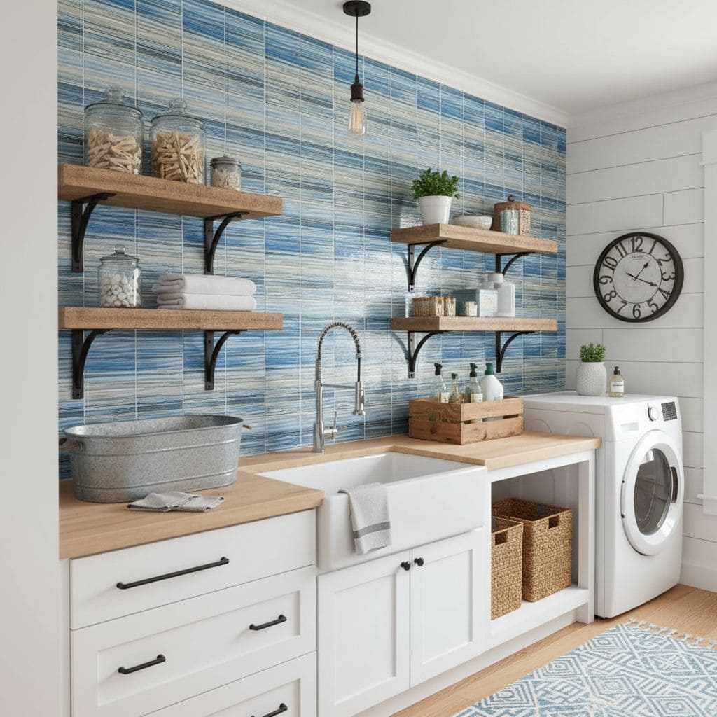 Blue glass tile backsplash in laundry room with open shelves and washer.