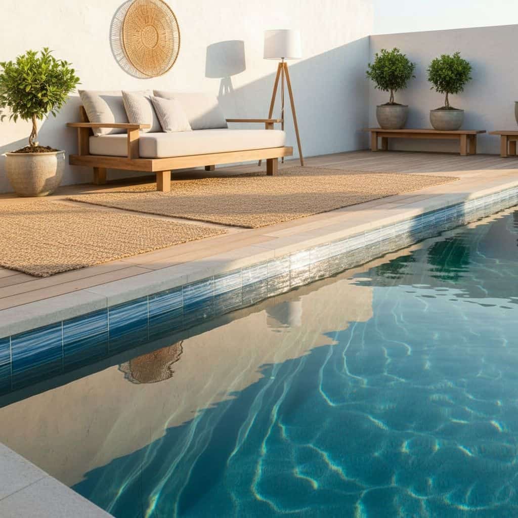 Outdoor pool with glass tile accents and contemporary patio furniture.