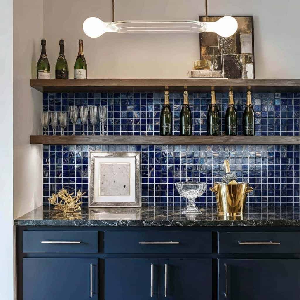 Blue mosaic glass tile backsplash with decorative accents and barware in a contemporary kitchen.