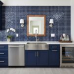 Beautiful blue glass backsplash tile behind the sink and countertop.