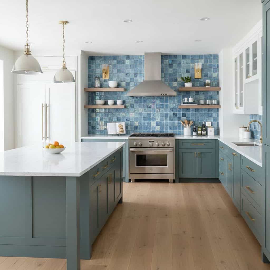 Glass tile backsplash in a contemporary kitchen with blue mosaic tiles and sleek cabinetry.