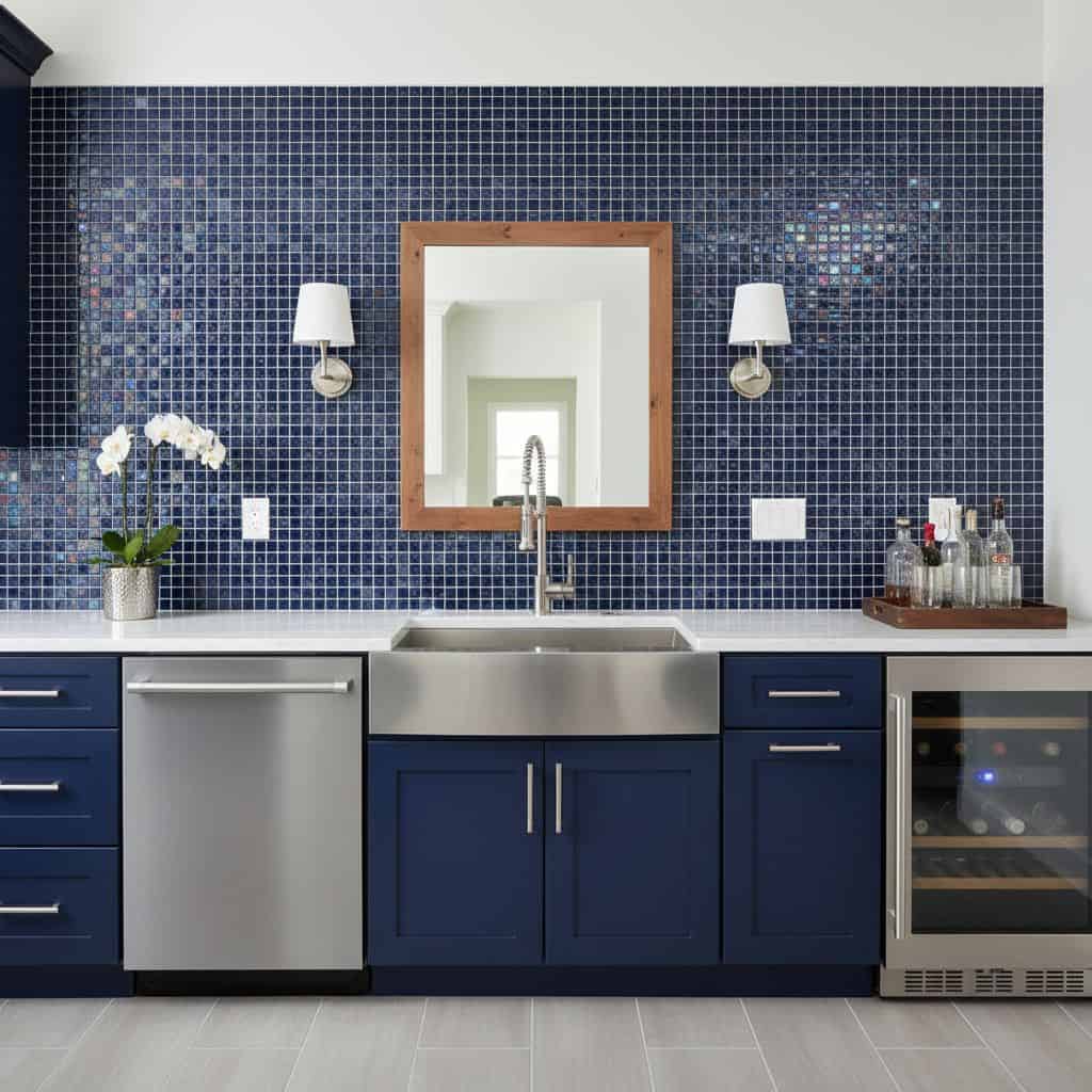 Beautiful blue glass backsplash tile behind the sink and countertop.