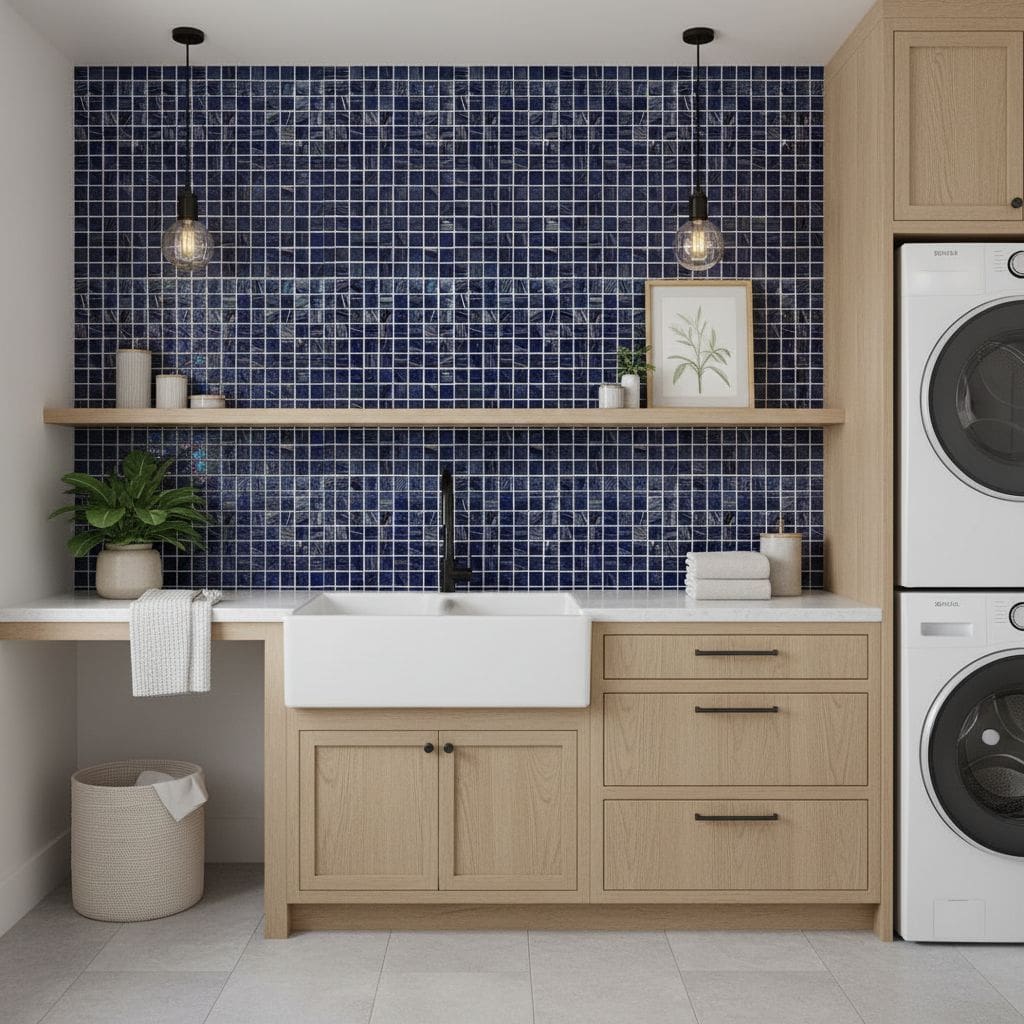 Blue glass tile backsplash in modern laundry room with wooden cabinets and white sink.