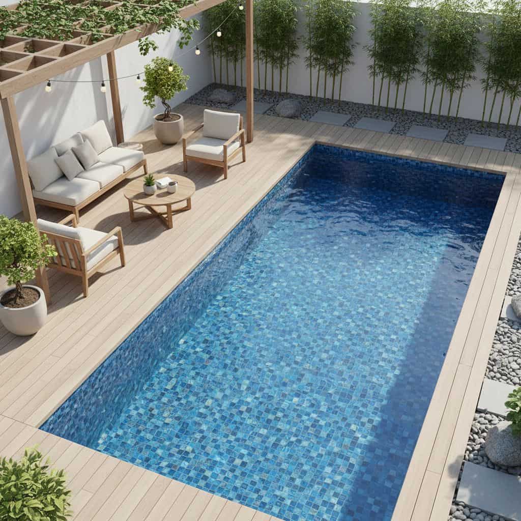 Aerial view of a backyard pool featuring a glass mosaic tile interior, surrounded by a wooden deck and outdoor seating area.
