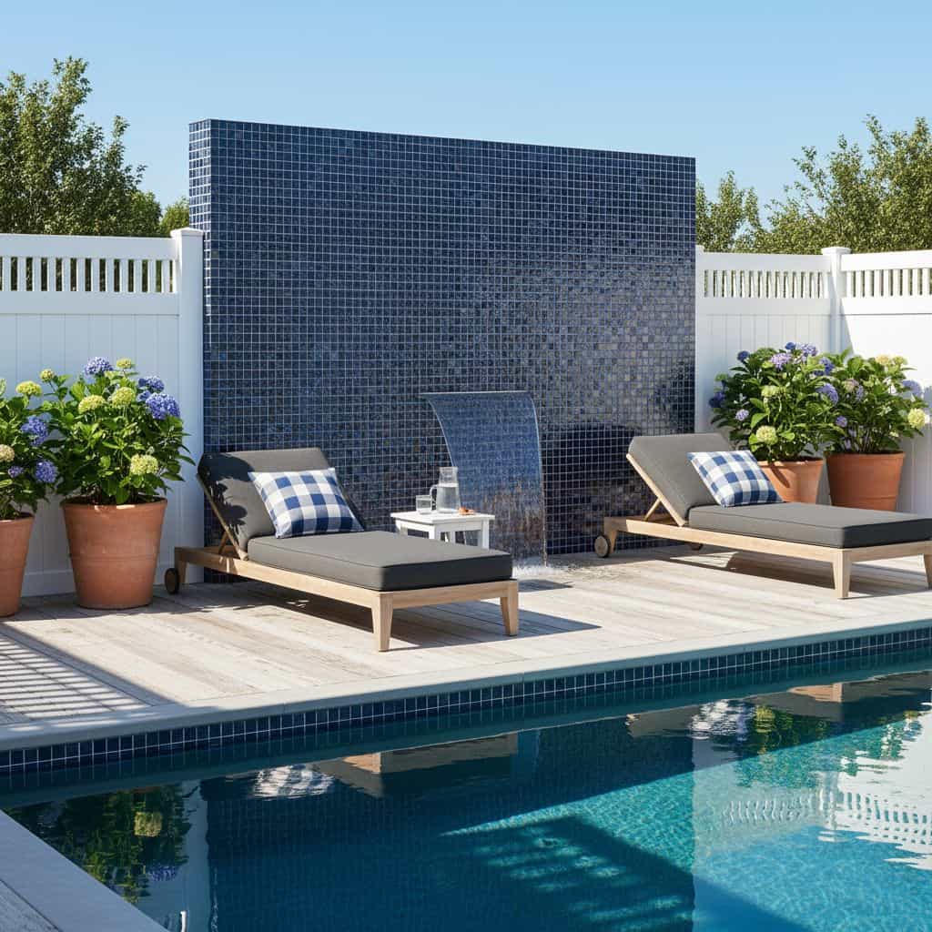 Glass tile backsplash with water feature for poolside outdoor space.