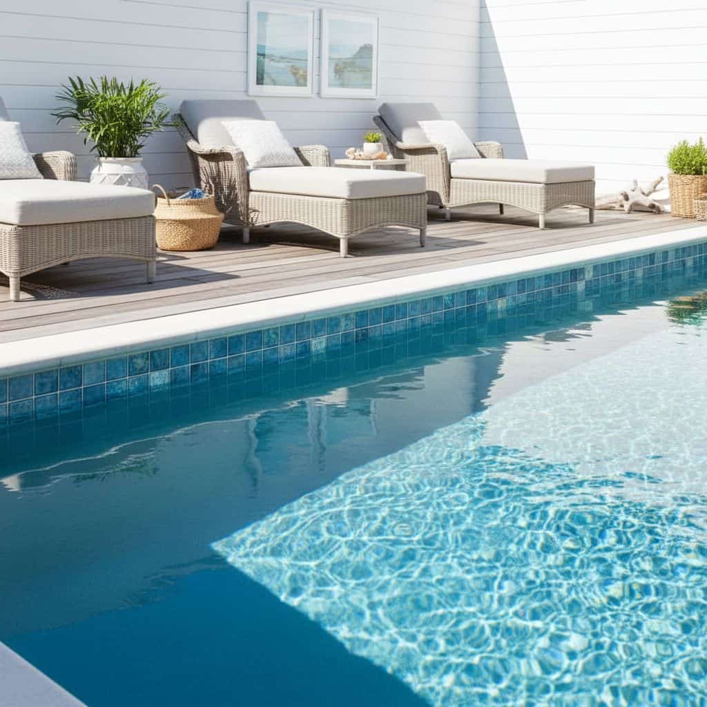Up view of a swimming pool with a glass tile backsplash, featuring sleek, blue glass mosaic tiles enhancing the pool area aes.