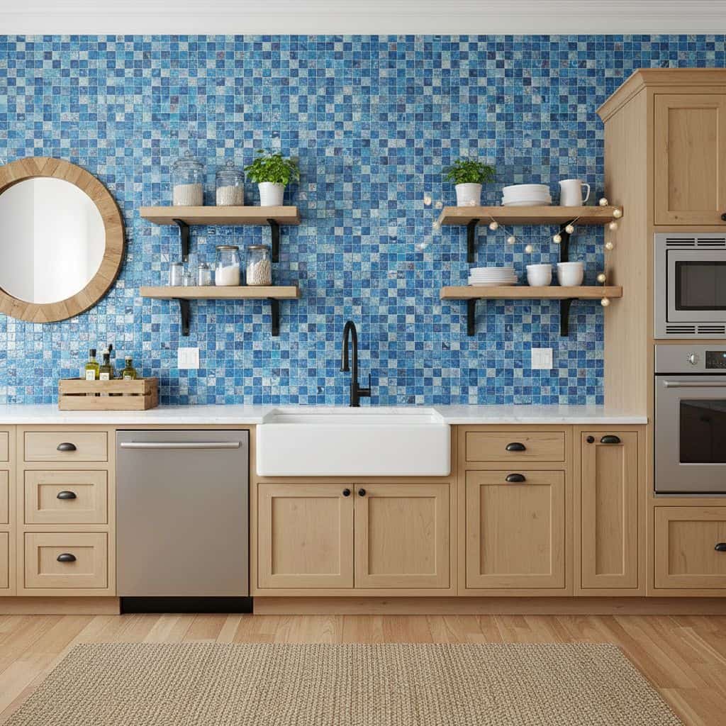 Blue glass tile backsplash in a modern kitchen with wooden cabinets and open shelves.