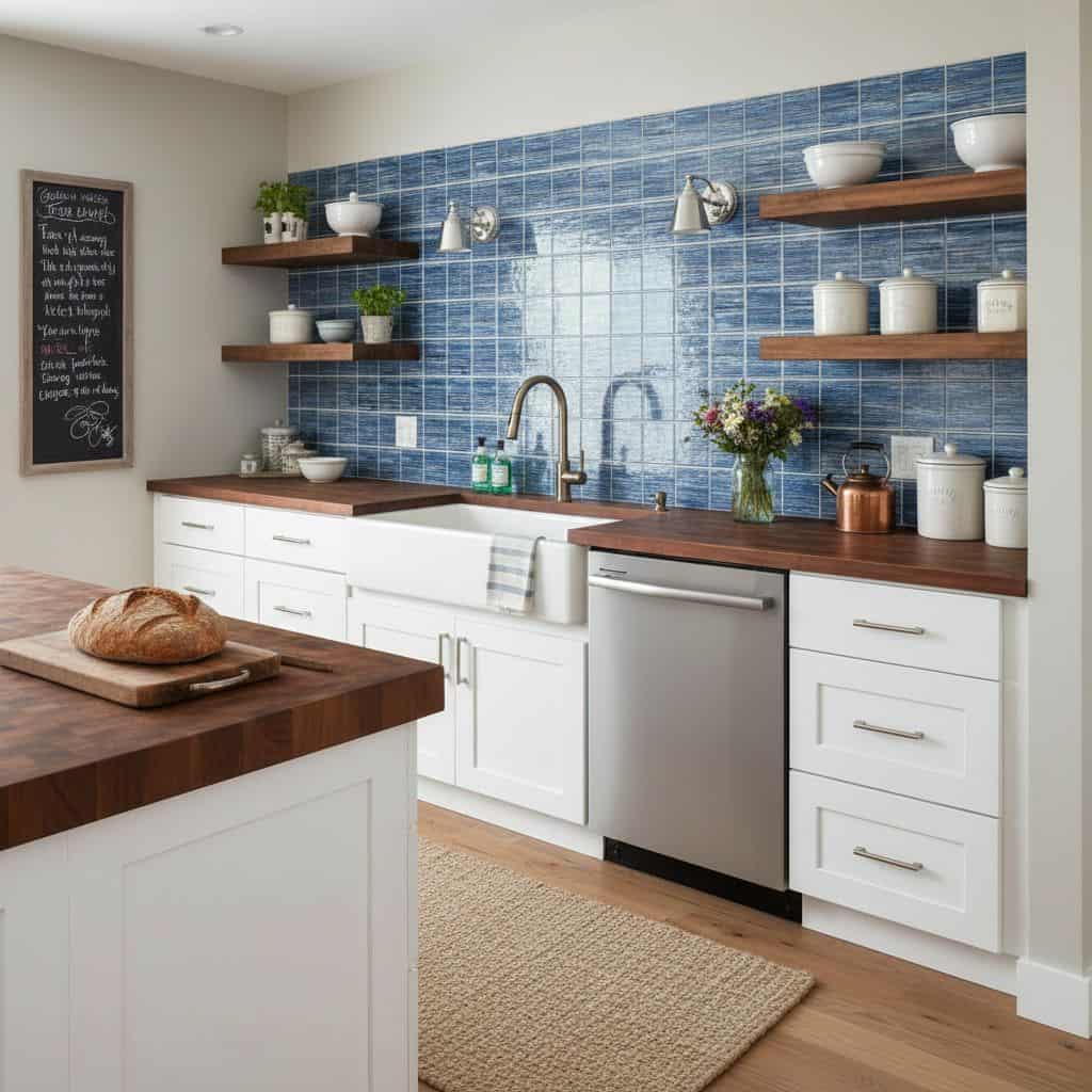 Blue glass mosaic tile wall behind sink with wooden shelves and decorative items.