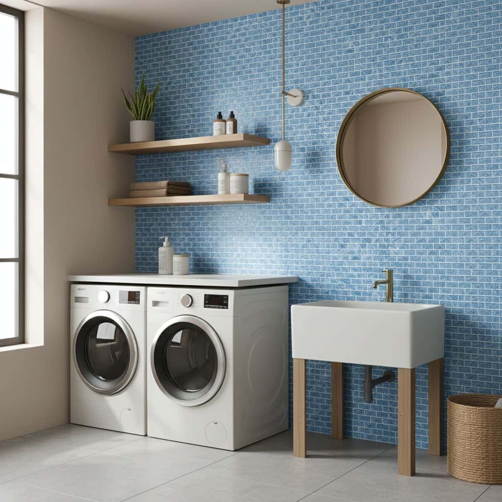 Blue glass mosaic tile backsplash in laundry room with washer, sink, and wooden shelves.