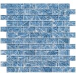 Blue glass tile backsplash with mosaic pattern, ideal for pools and kitchen walls. Durable, stylish, and easy to clean glass.