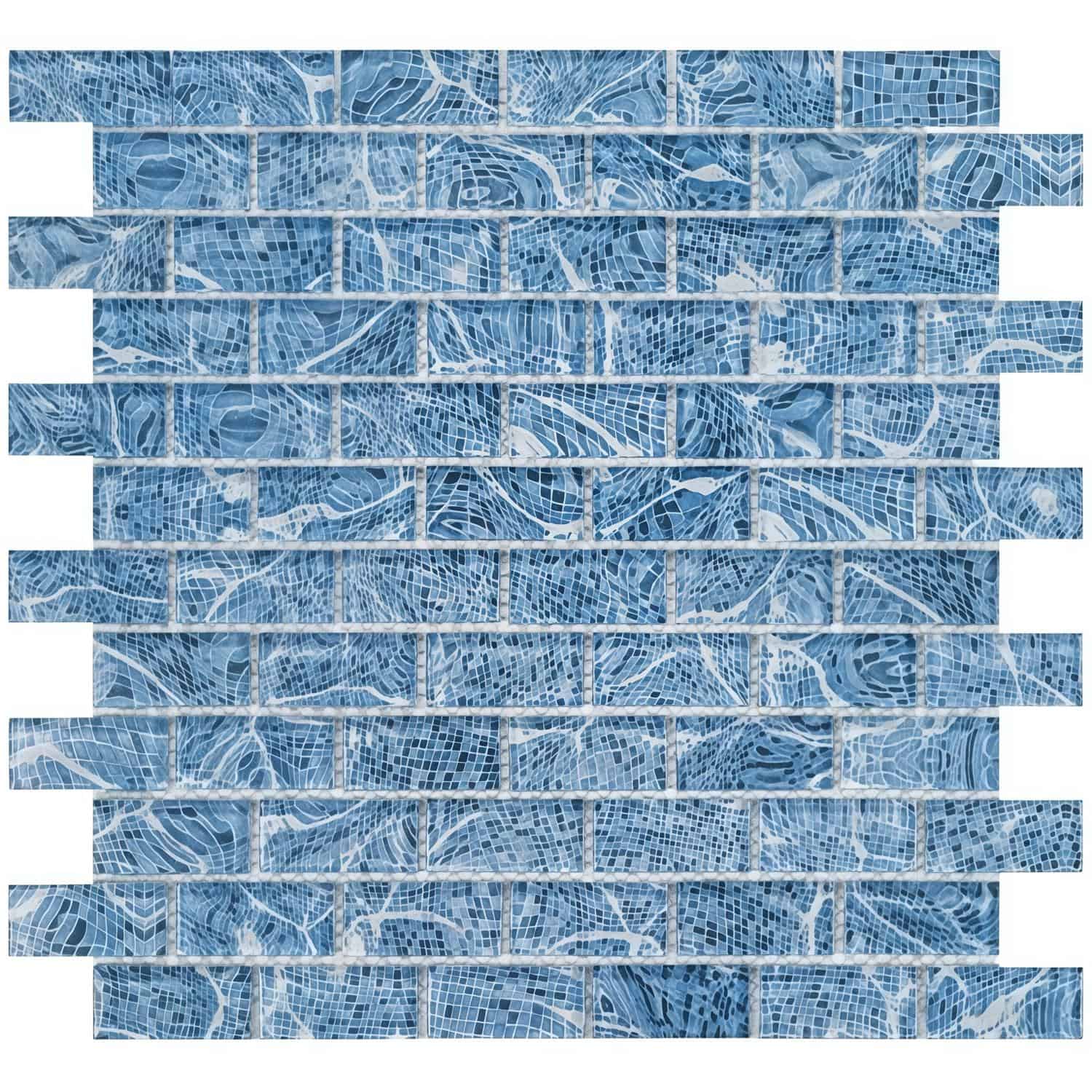 Blue glass tile backsplash with mosaic pattern, ideal for pools and kitchen walls. Durable, stylish, and easy to clean glass.
