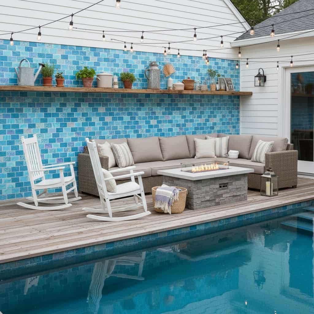 Blue glass tile backsplash enhances the outdoor patio with seating and poolside ambiance.