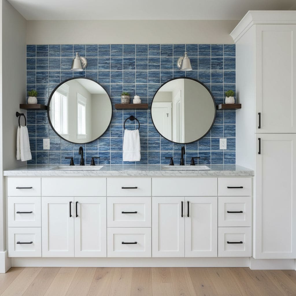 Blue glass tile backsplash with two round mirrors and white cabinetry in a contemporary bathroom.