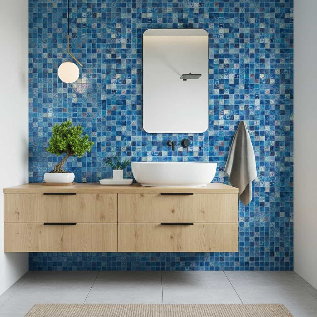 Blue glass tile backsplash in modern bathroom with wooden vanity and mirror.