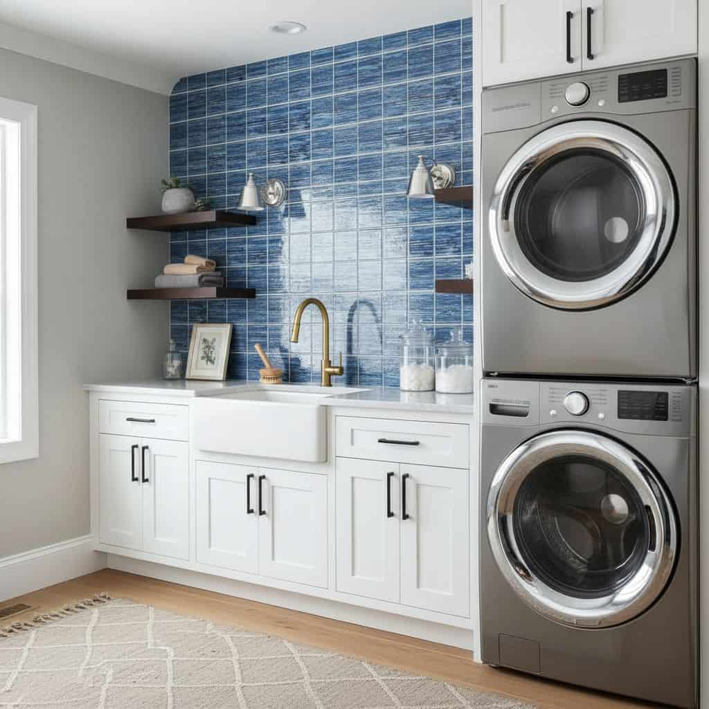 Blue glass tile backsplash behind laundry sink with white cabinets and open shelves.