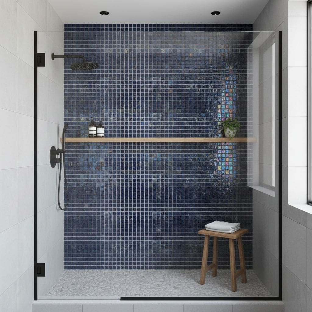 Blue glass tile backsplash in a contemporary shower with mosaic details and a wooden stool for accessories.
