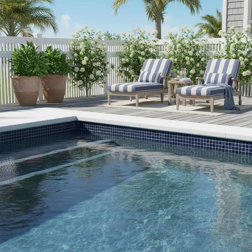 A beautiful pool area featuring glass mosaic tiles, lounge chairs, potted plants, and a white picket fence under a sunny sky.