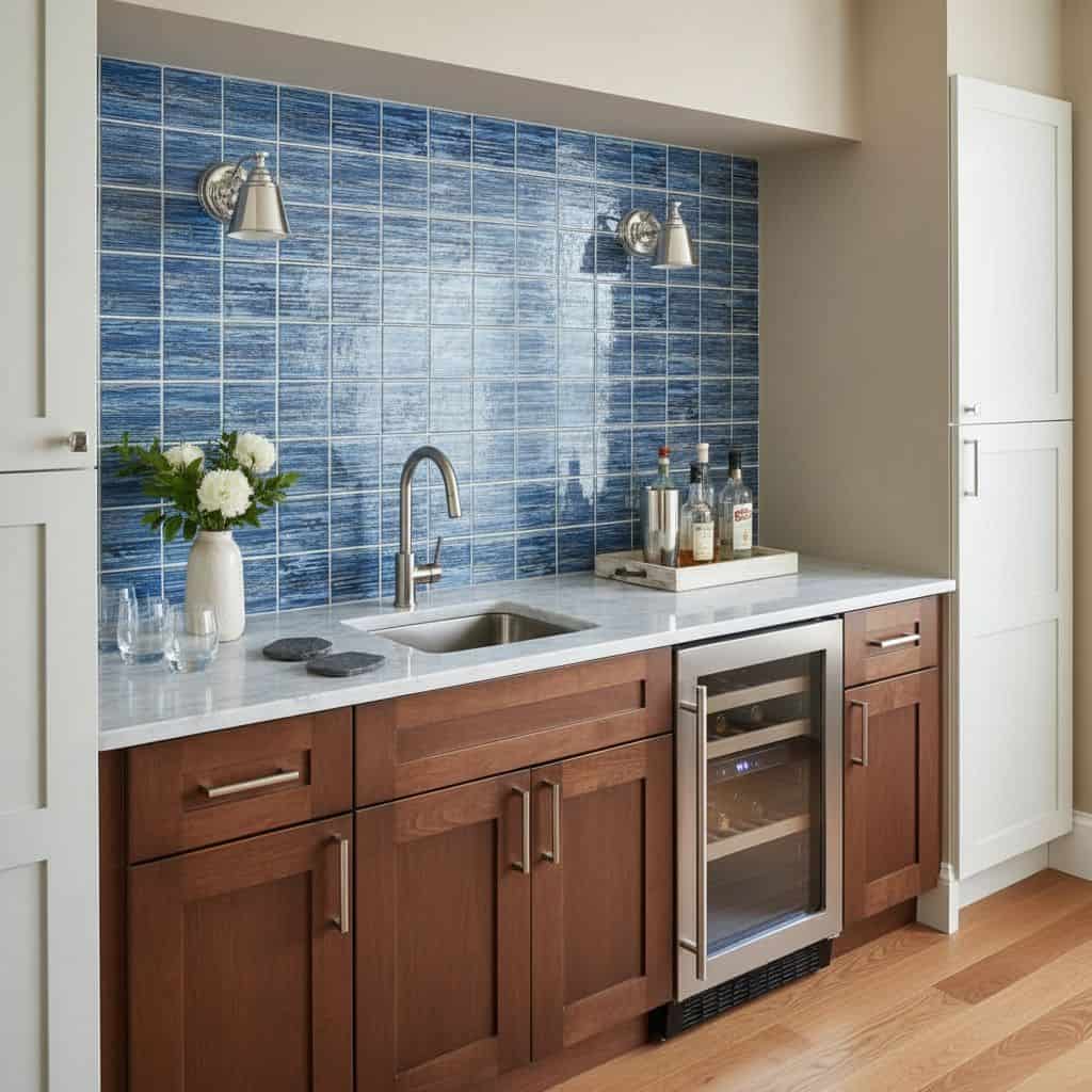 Glass tile backsplash in modern kitchen setting with wooden cabinets and stainless steel fixtures.