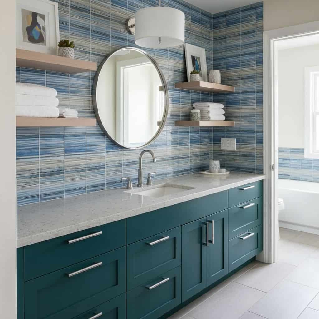 Blue glass tile backsplash in a contemporary bathroom with vanity and round mirror.