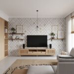 A modern living room featuring peel and stick wall tile with a hexagonal pattern, complemented by wooden shelves and minimali.