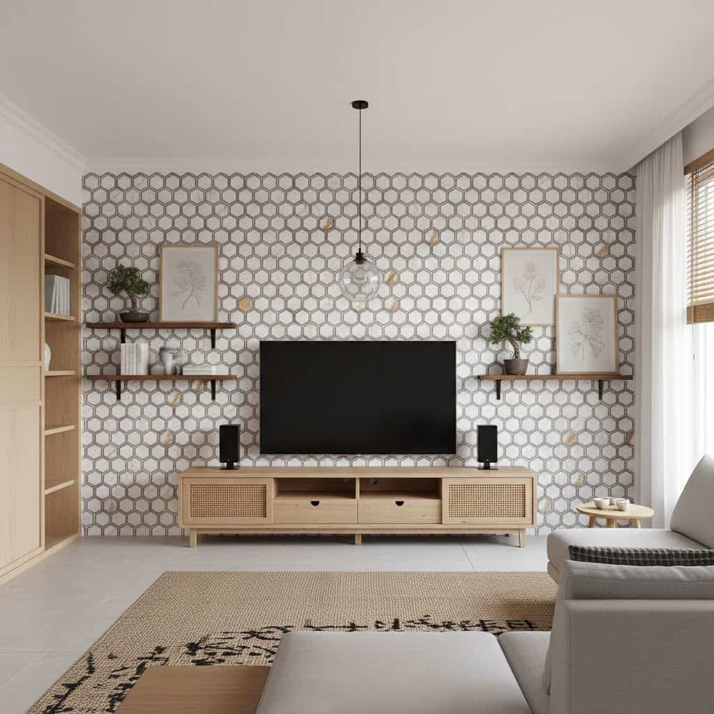 A modern living room featuring peel and stick wall tile with a hexagonal pattern, complemented by wooden shelves and minimali.