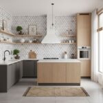 Image of a modern kitchen with peel and stick tile backsplash, wooden and gray cabinetry, and open shelving.