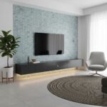 A sleek, modern living room featuring peel and stick wall tile behind the TV, adding style and easy installation to home deco.