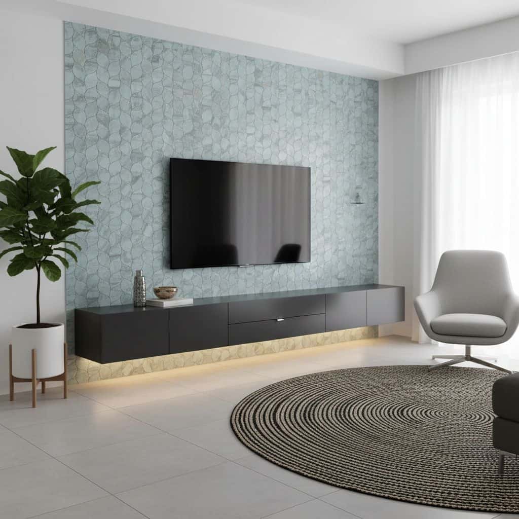 A sleek, modern living room featuring peel and stick wall tile behind the TV, adding style and easy installation to home deco.