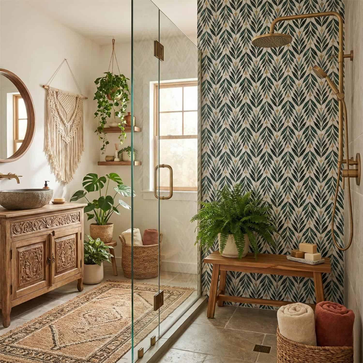 Blue and beige leaf-patterned ceramic tile for shower wall.