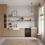 Modern kitchen with peel and stick tile backsplash and wooden cabinetry.