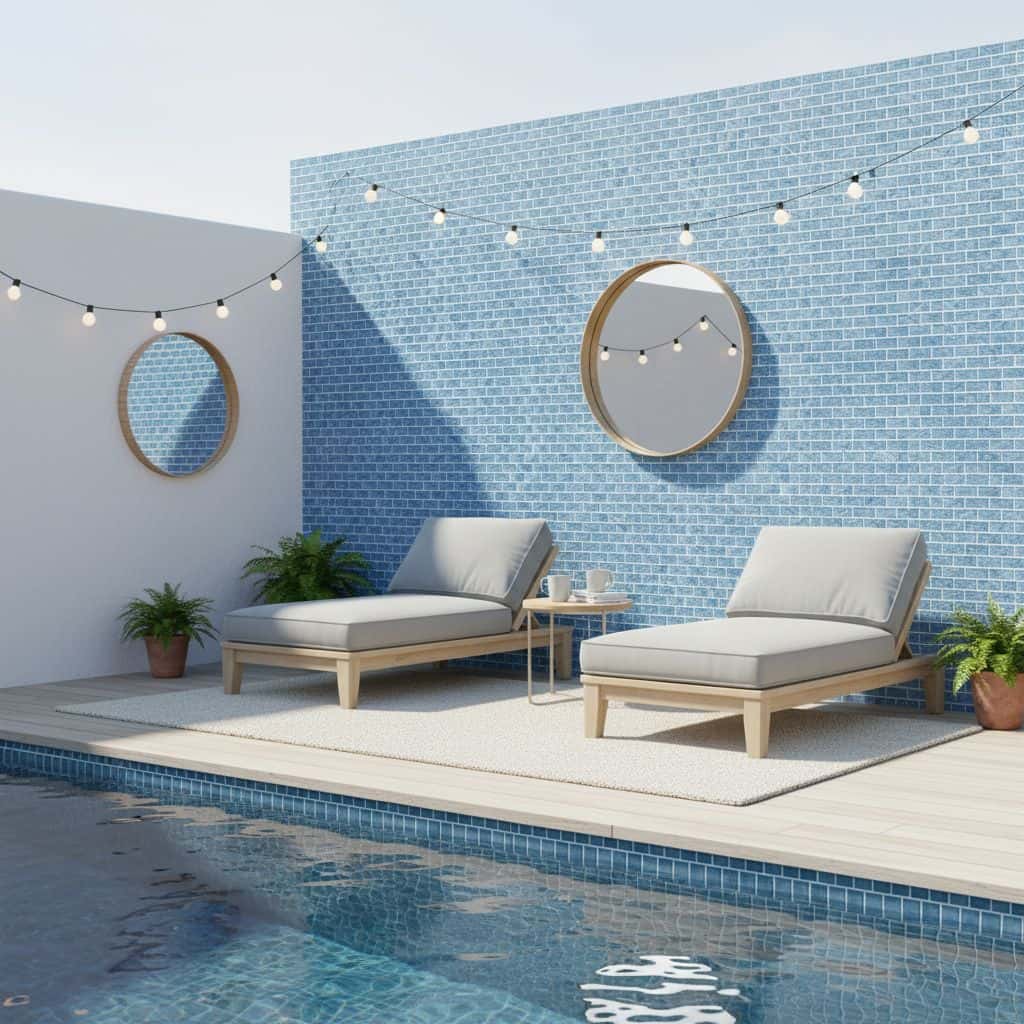 Bright blue glass backsplash tile decor with round mirrors and string lights.