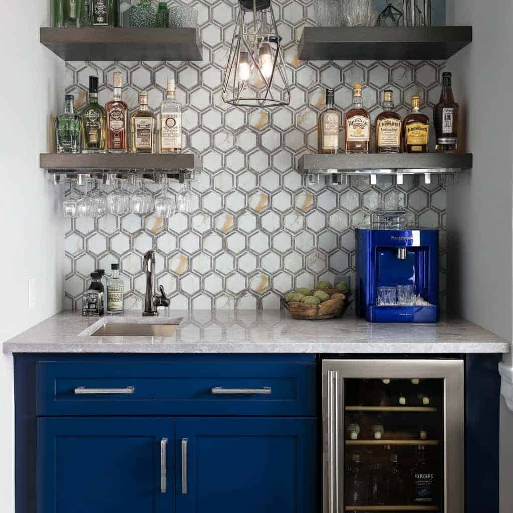 Modern kitchen with peel and stick tile backsplash, blue cabinetry, and open shelving for a stylish, easy-to-install update.