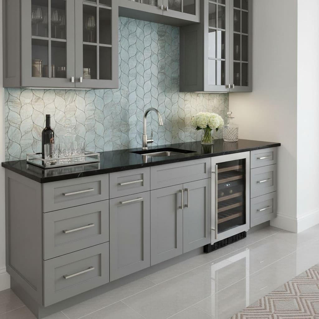 Bright gray kitchen with peel and stick wall tiles behind the sink and countertop. Modern cabinetry and a wine cooler complet.
