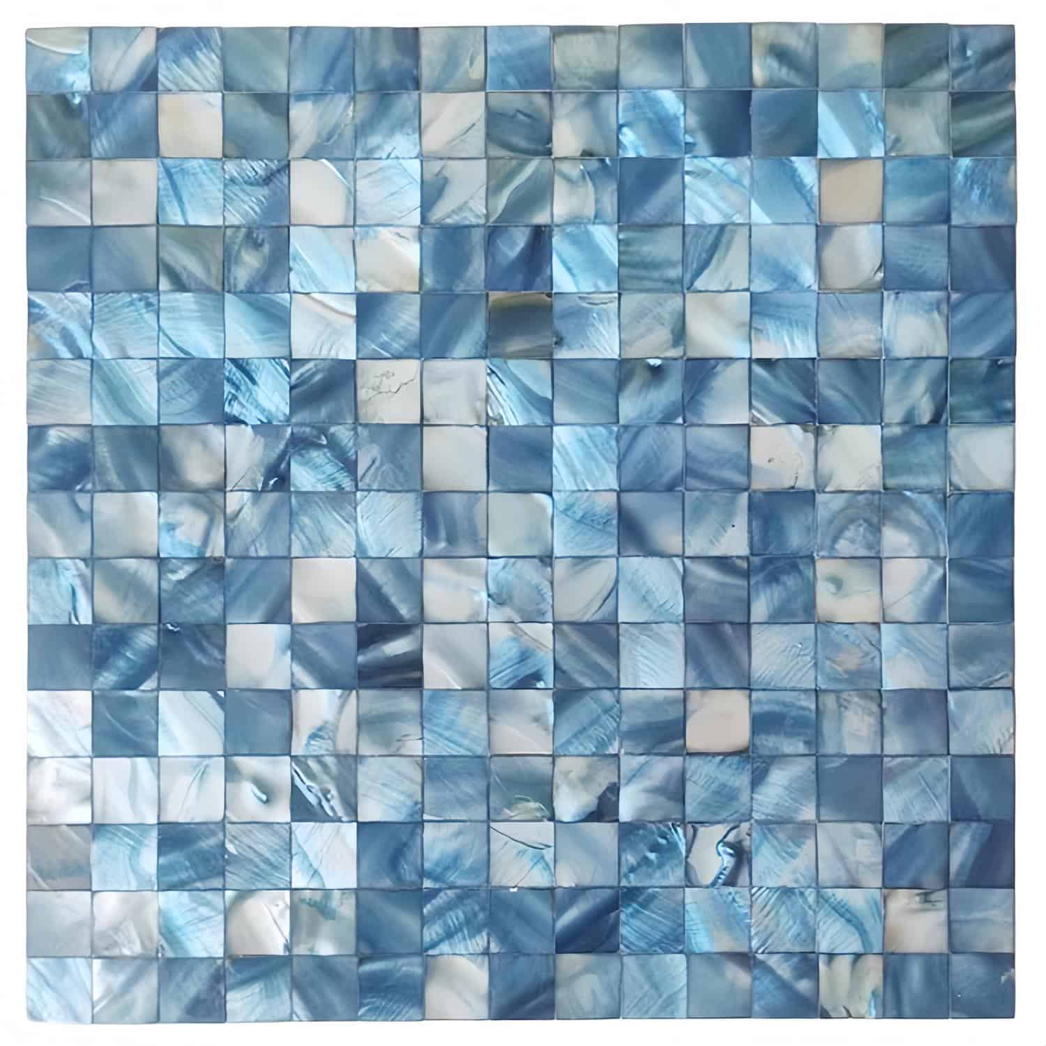 Close-up of a blue mother of pearl shell tile mosaic, showcasing iridescent seashell pieces arranged in a grid pattern.