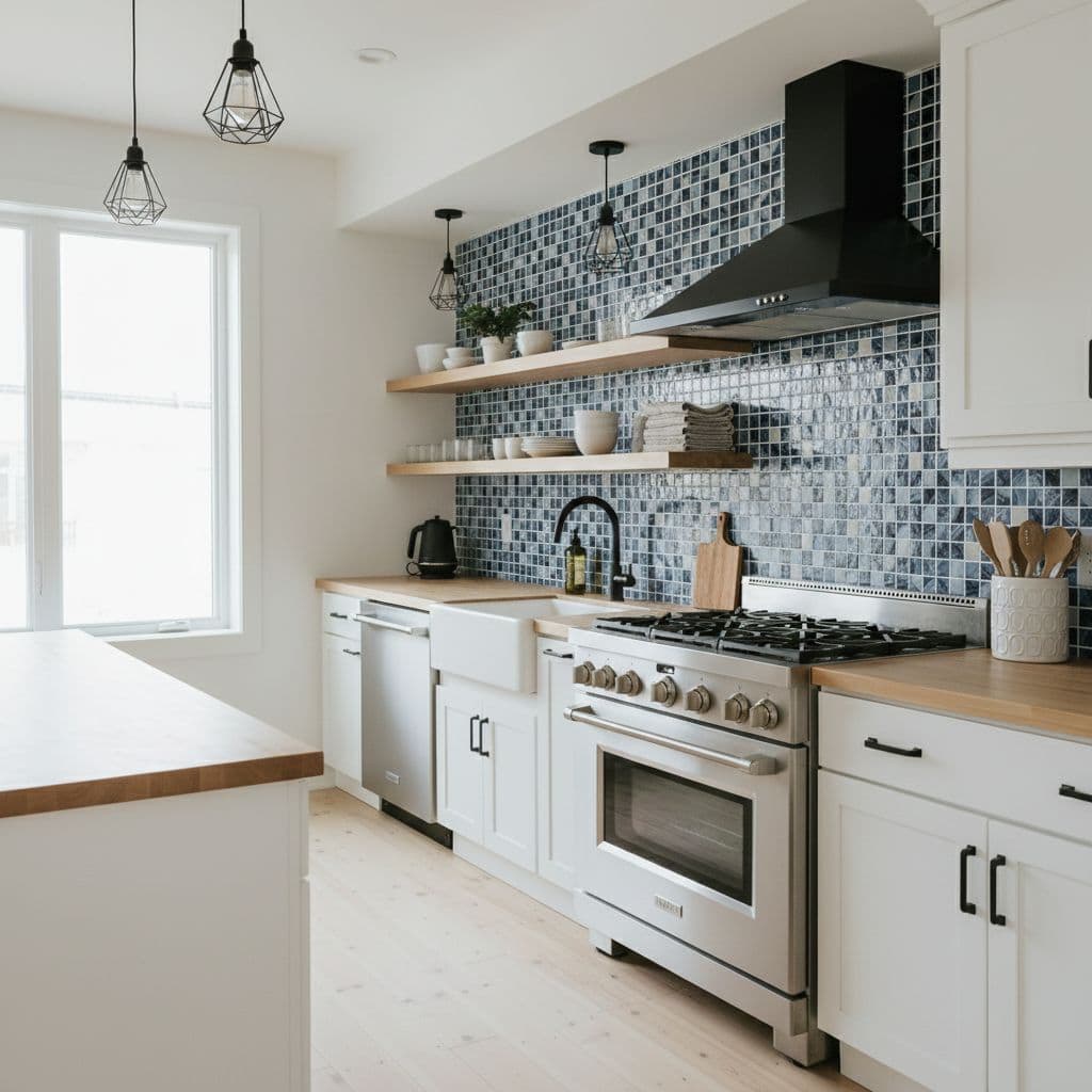 Glass tile backsplash with blue mosaic design in contemporary kitchen.