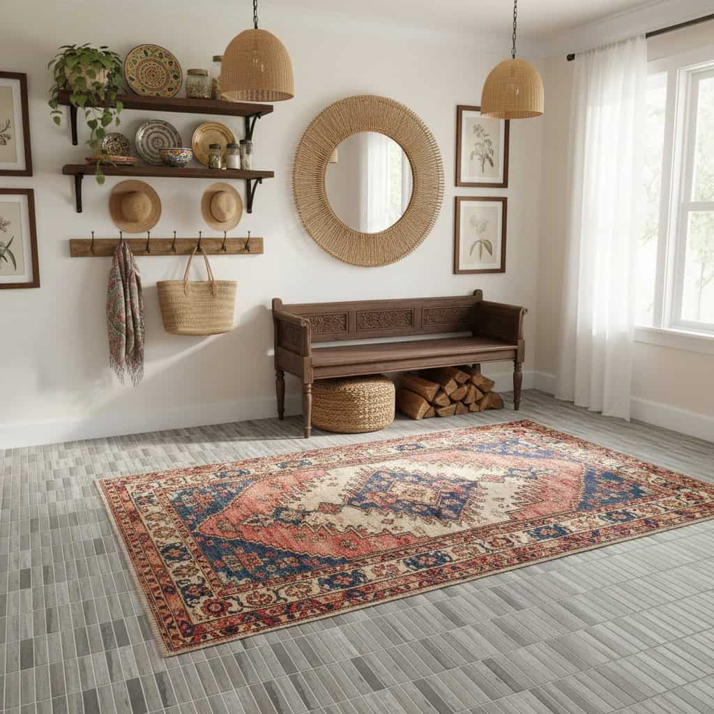 Warm-toned, textured rug featuring intricate patterns in red, blue, and beige, adding a cozy and stylish touch to the room.
