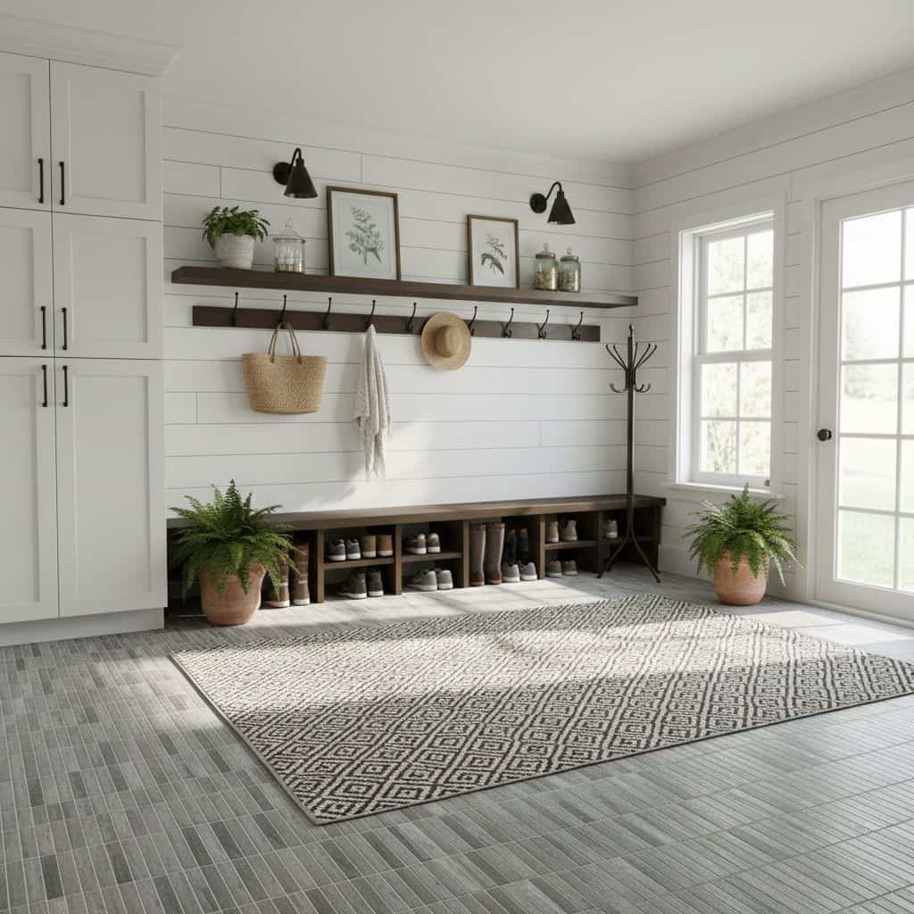 Bright white mudroom with wooden shelves, black wall sconces, and potted greenery. Features a textured rug, coat rack, and na.