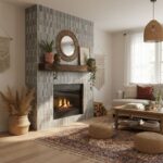 A modern living room featuring a gray tile fireplace with wooden accents, surrounded by natural decor and soft lighting for a.