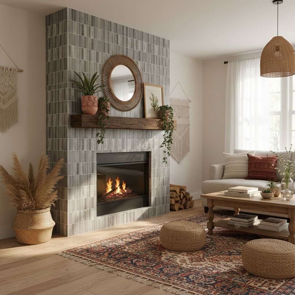 A modern living room featuring a gray tile fireplace with wooden accents, surrounded by natural decor and soft lighting for a.
