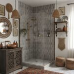 Gray textured ceramic tiles in the shower area with a matte finish and subtle pattern.