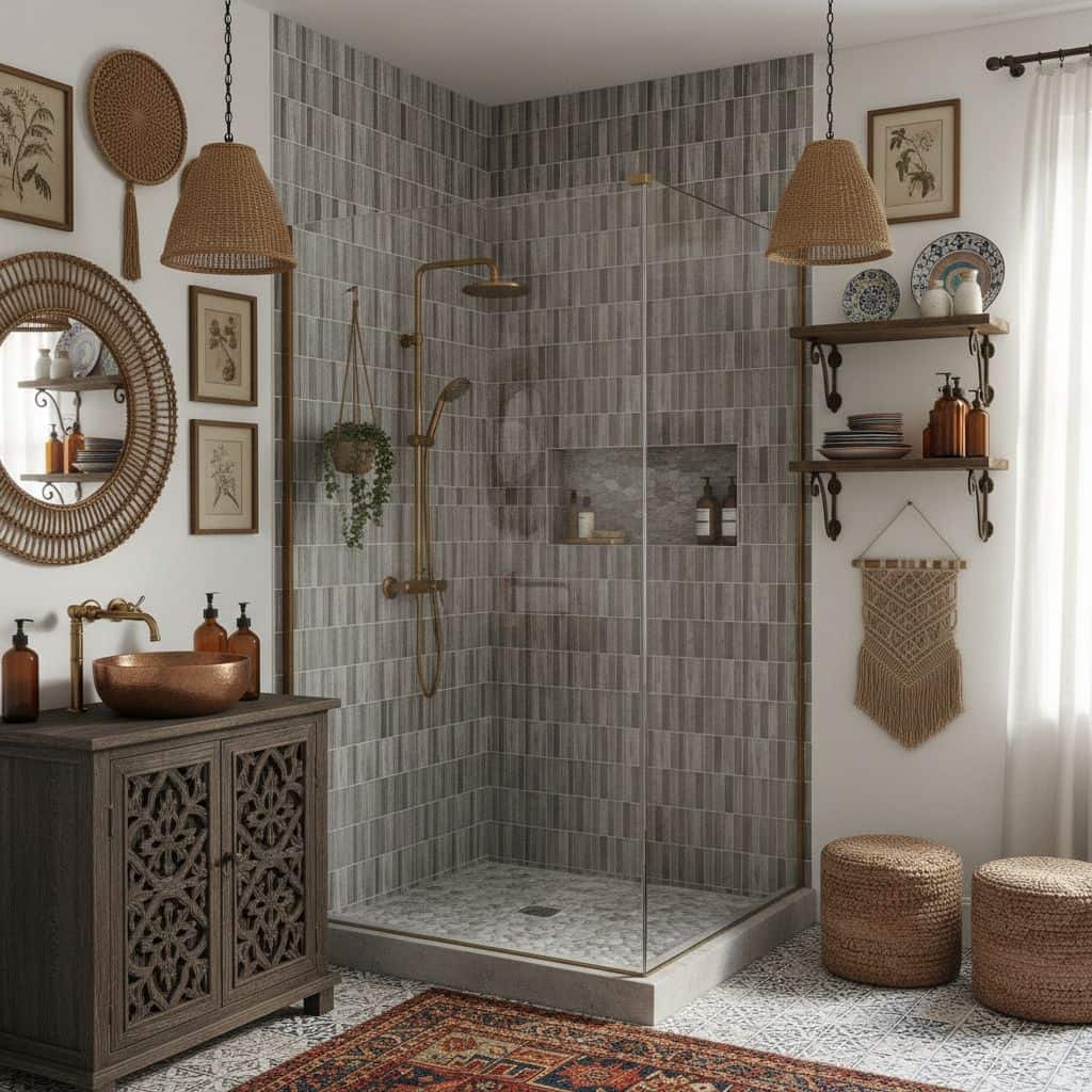 Gray textured ceramic tiles in the shower area with a matte finish and subtle pattern.