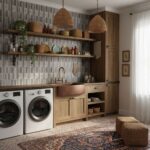 Textured beige and gray kitchen wall tiles with a matte finish.