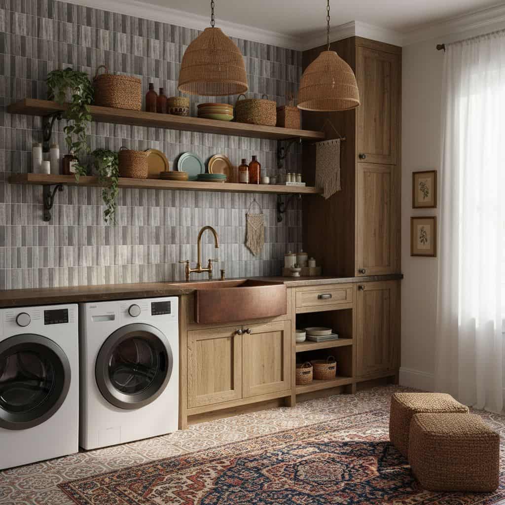 Textured beige and gray kitchen wall tiles with a matte finish.