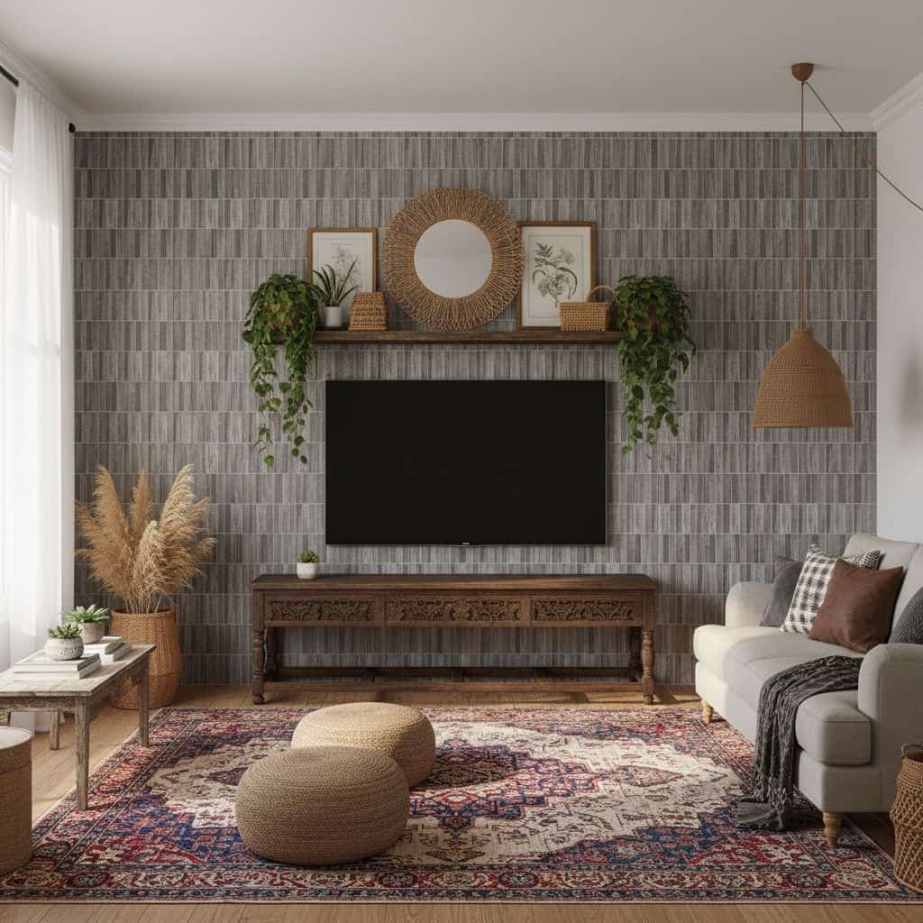 Gray brick wall tile with textured surface, suitable for contemporary living room decor.