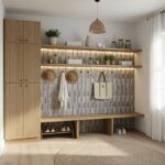 Gray textured ceramic tile wall with wooden shelves and decorative items.