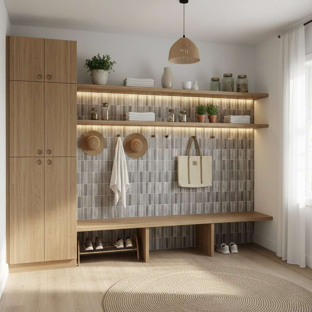 Gray textured ceramic tile wall with wooden shelves and decorative items.