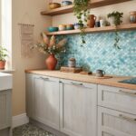 Up of a kitchen backsplash featuring mother of pearl shell tiles in a soft blue hue.